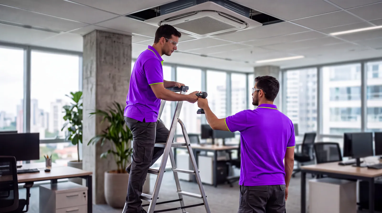 Dois técnicos da Climatizei, uniformizados e com óculos de proteção, instalando um ar-condicionado cassete em um escritório