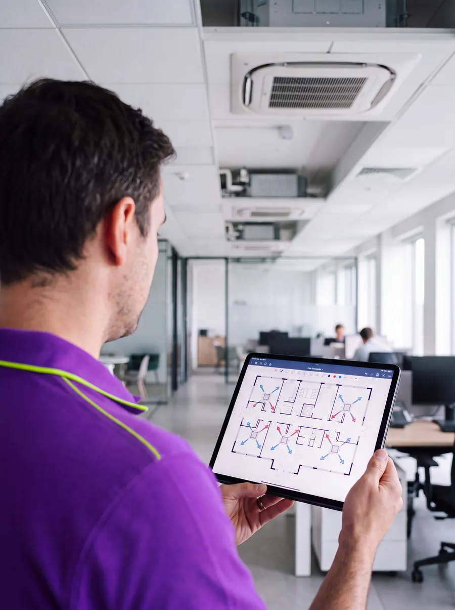 Engenheiro da Climatizei analisando no tablet a planta de distribuição do ar-condicionado de um escritório